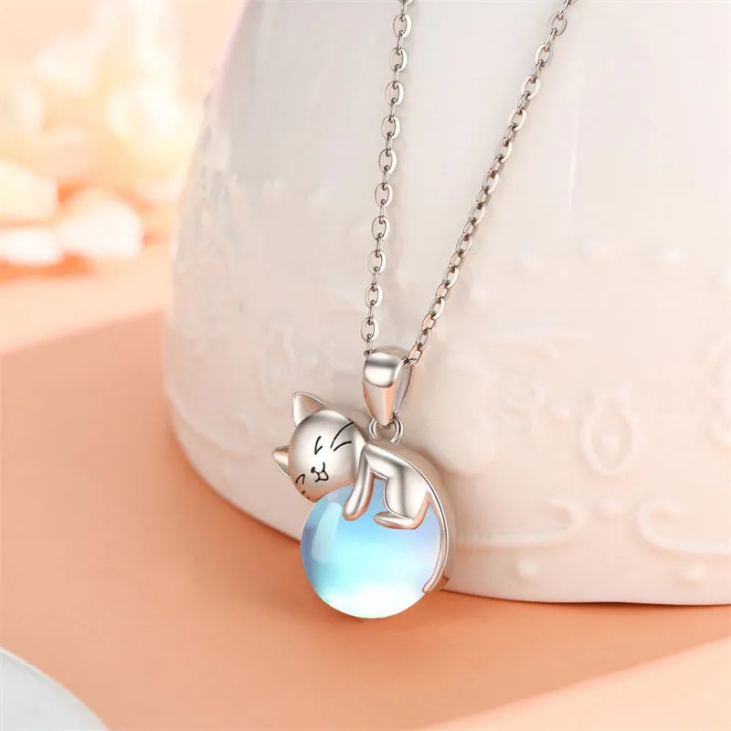 Moonstone Cat Necklace 925 Sterling Silver Cat Pendant Necklace Gift for Women Daughter Mother