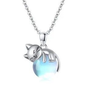 Moonstone Cat Necklace 925 Sterling Silver Cat Pendant Necklace Gift for Women Daughter Mother