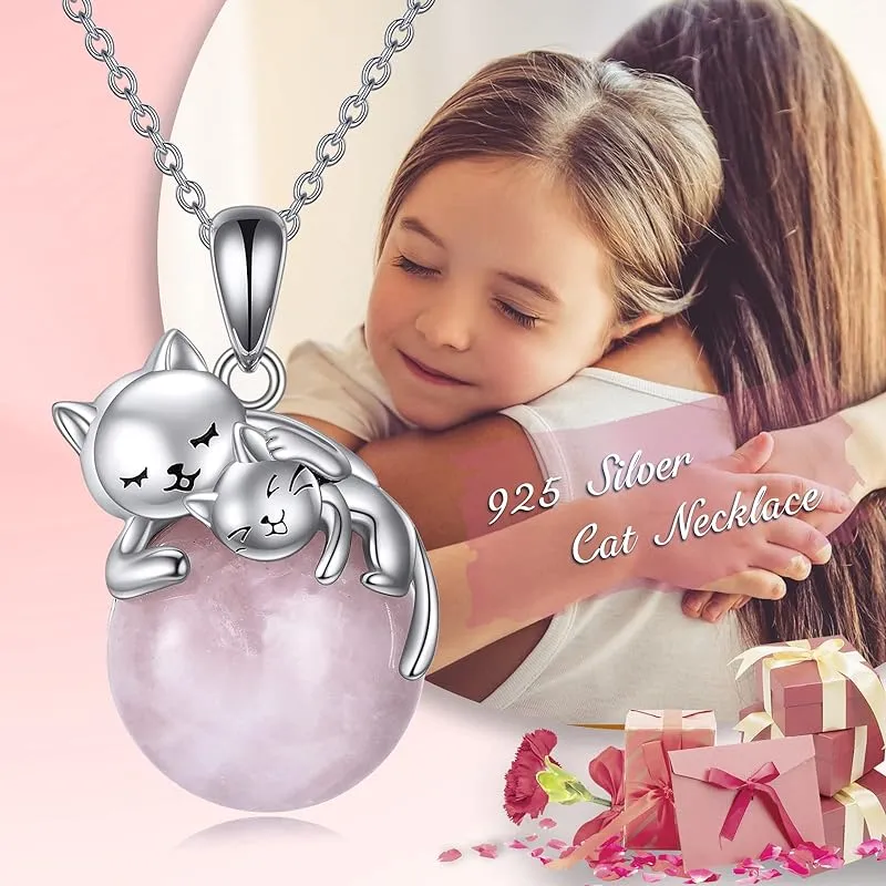 Moonstone Cat Necklace 925 Sterling Silver Cat Pendant Necklace Gift for Women Daughter Mother