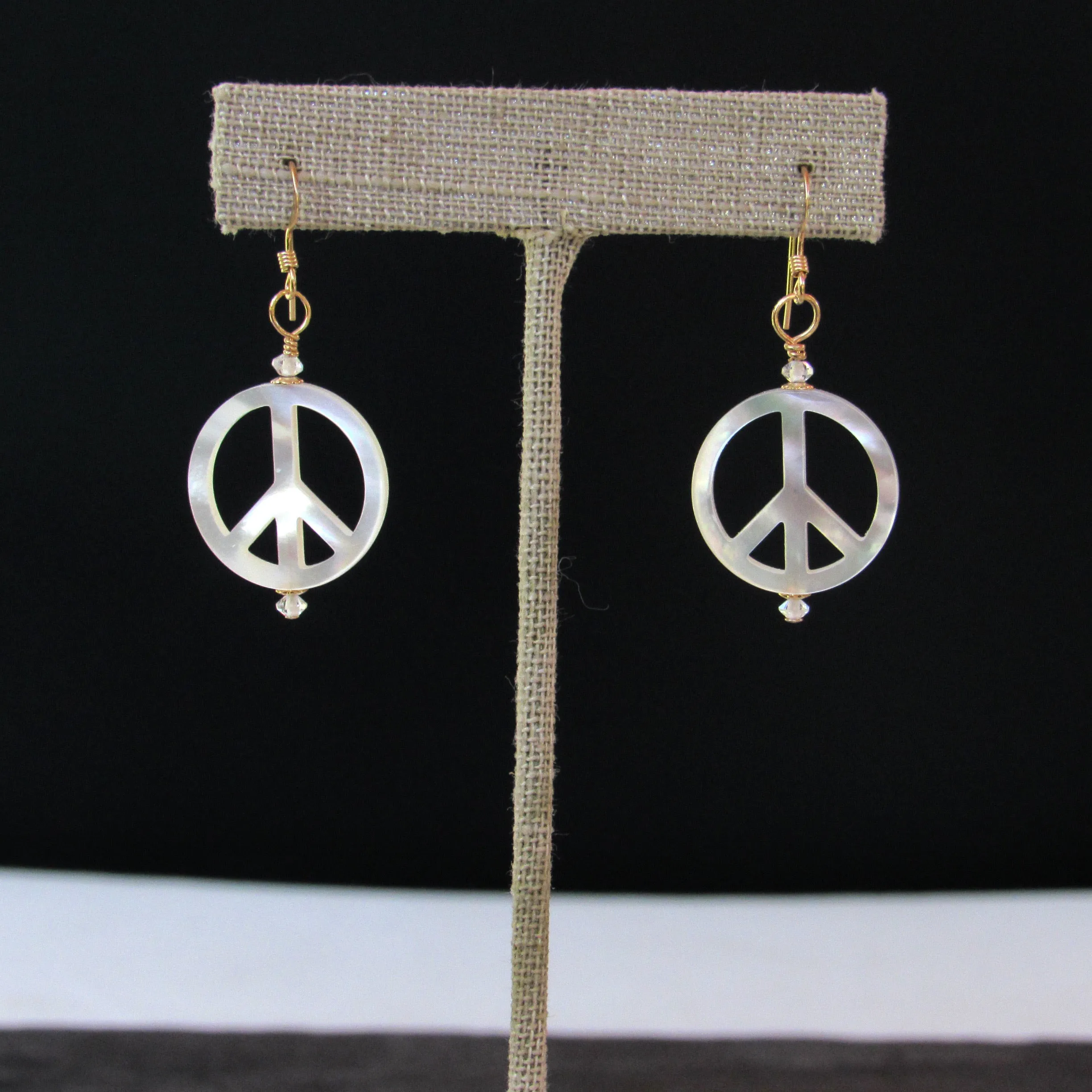 Mother of Pearl Peace Sign w/ White Topaz gemstone Drop Earrings