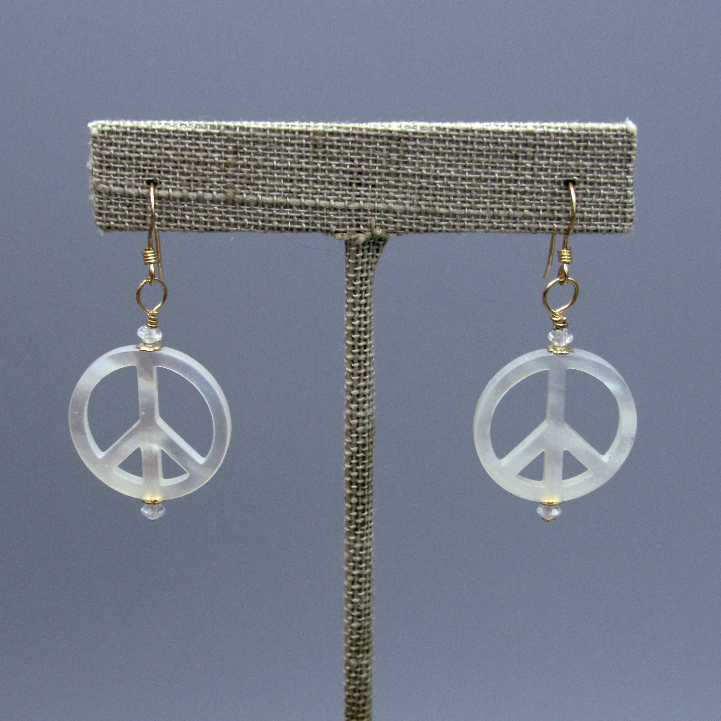 Mother of Pearl Peace Sign w/ White Topaz gemstone Drop Earrings