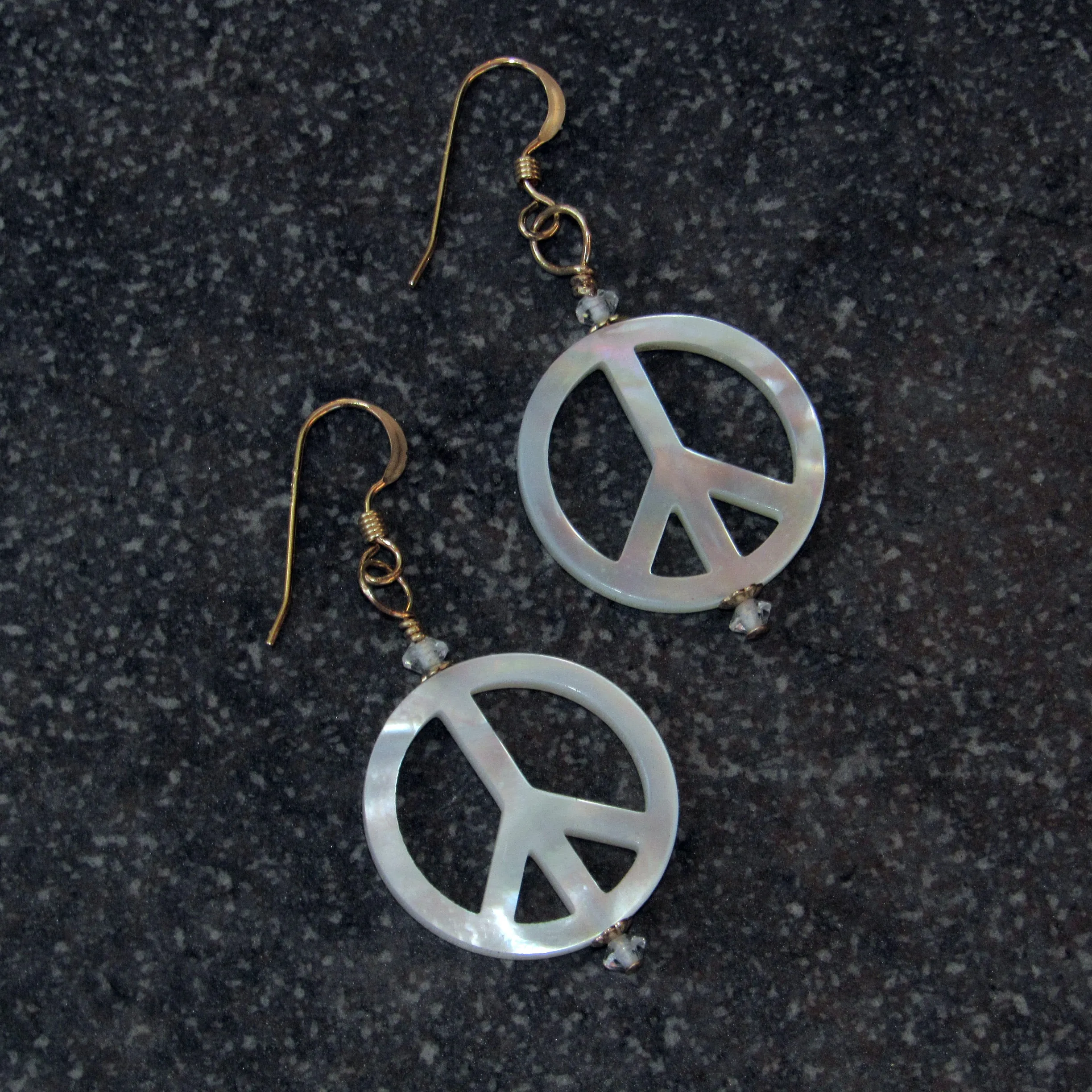 Mother of Pearl Peace Sign w/ White Topaz gemstone Drop Earrings