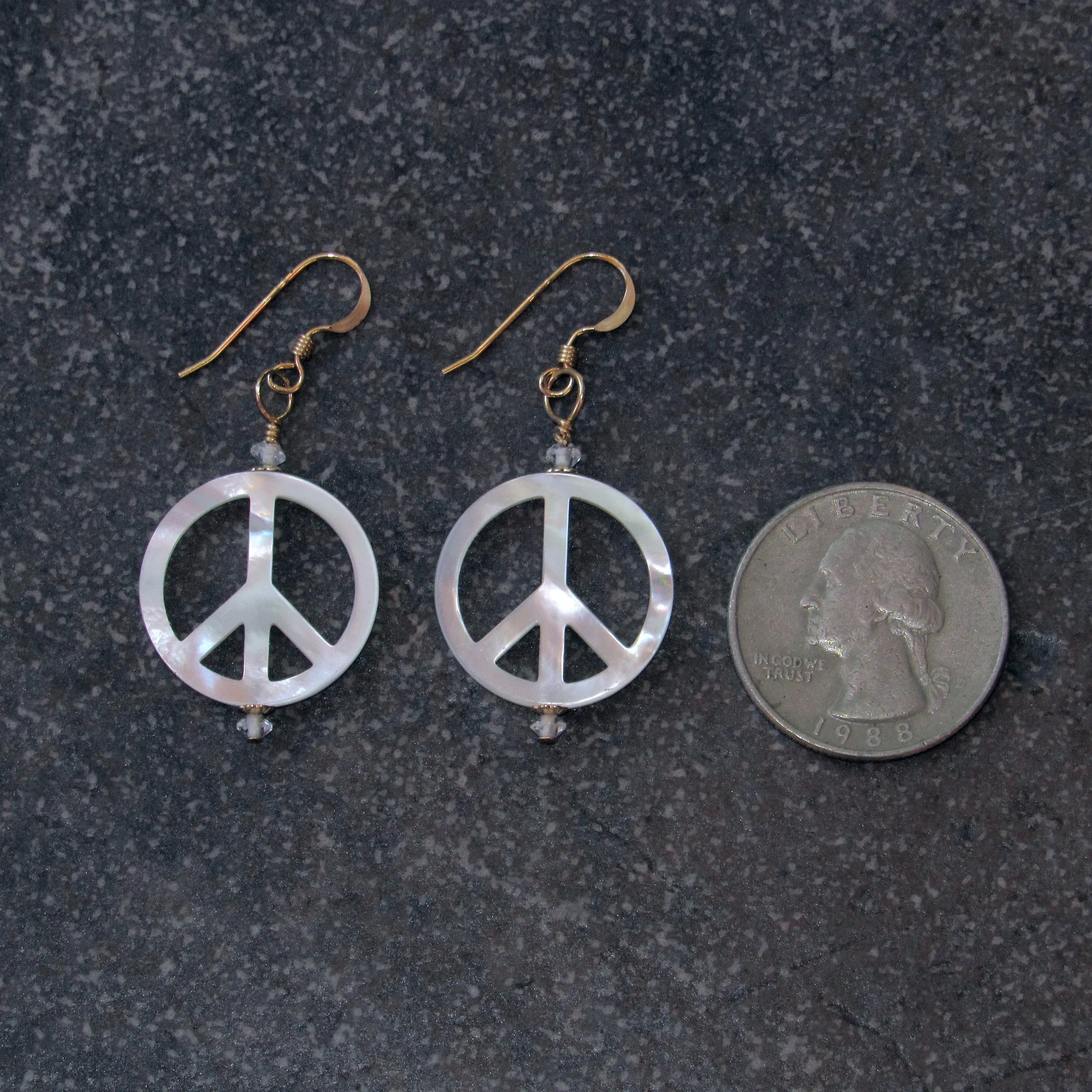 Mother of Pearl Peace Sign w/ White Topaz gemstone Drop Earrings