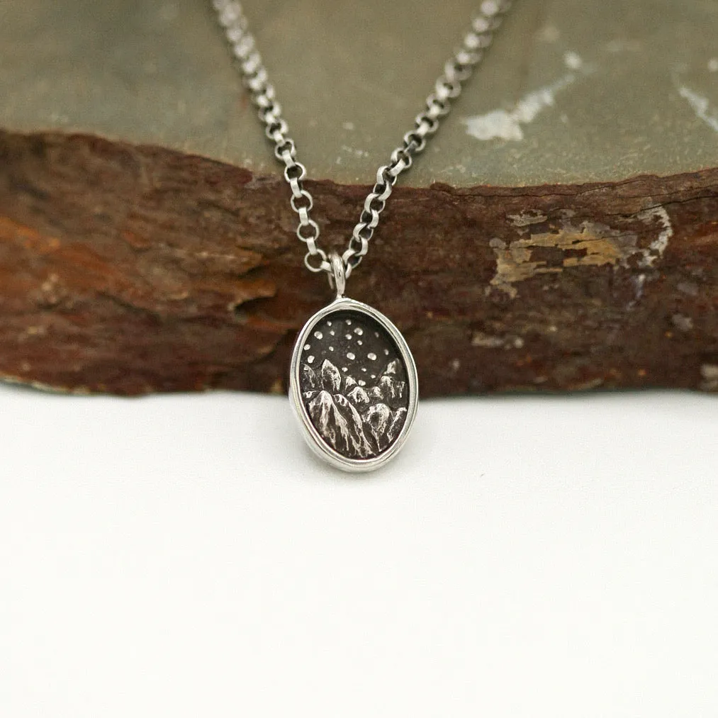 New Moon Mountain and Stars Necklace in Sterling Silver and Bronze