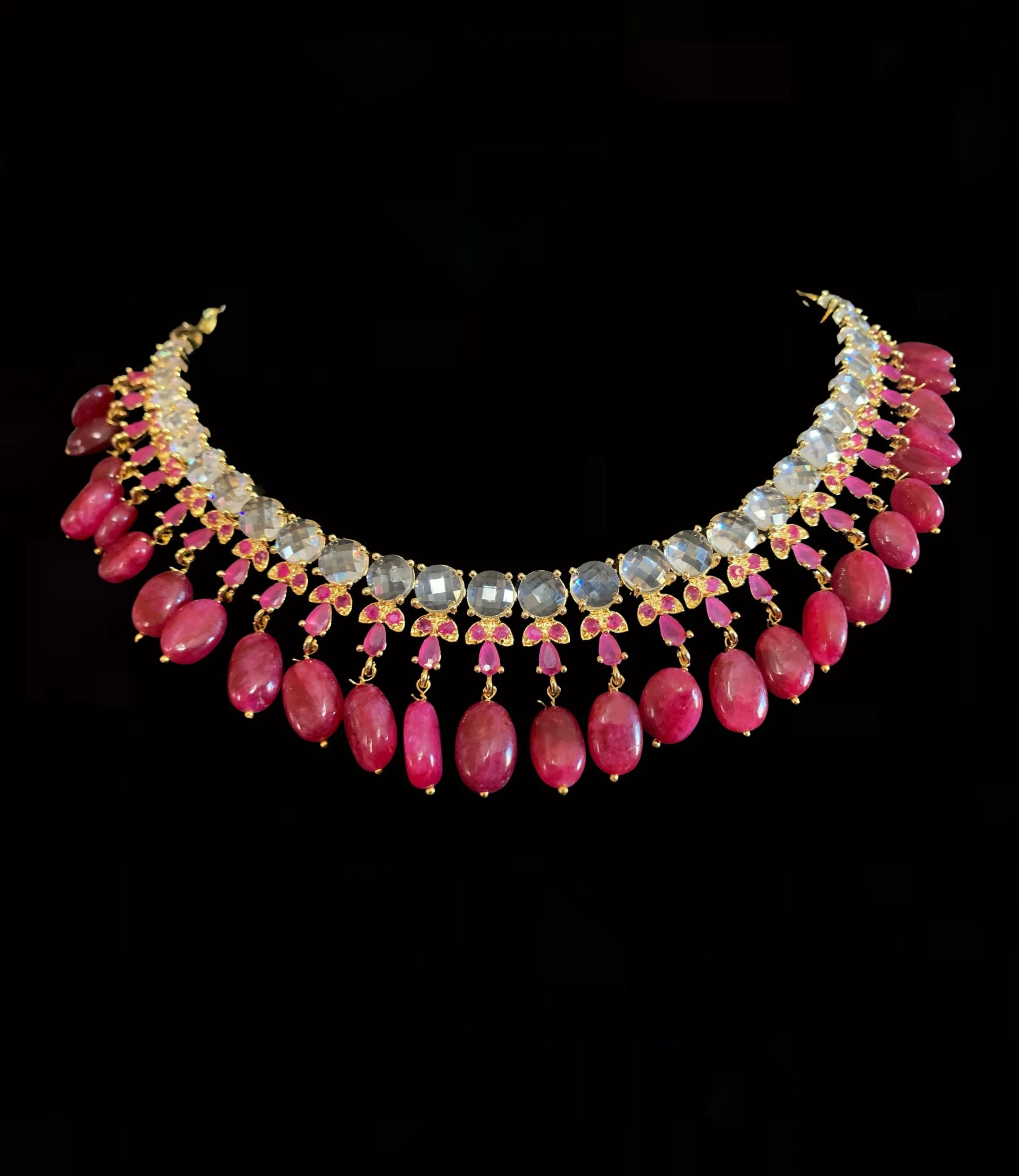 NS138 BRENA Hyderabadi necklace set in rubies (READY TO SHIP)