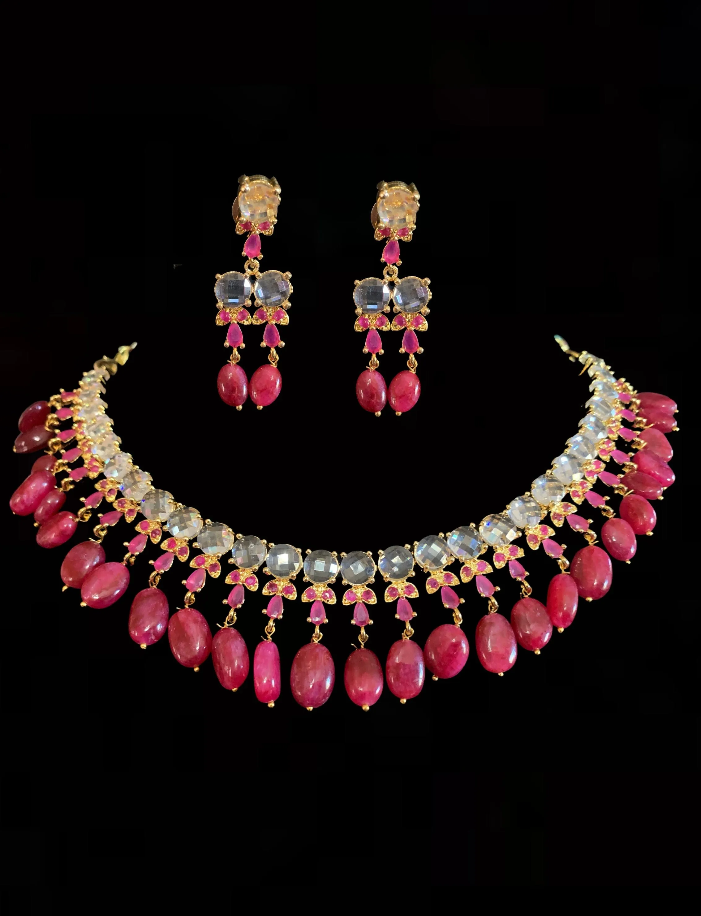 NS138 BRENA Hyderabadi necklace set in rubies (READY TO SHIP)