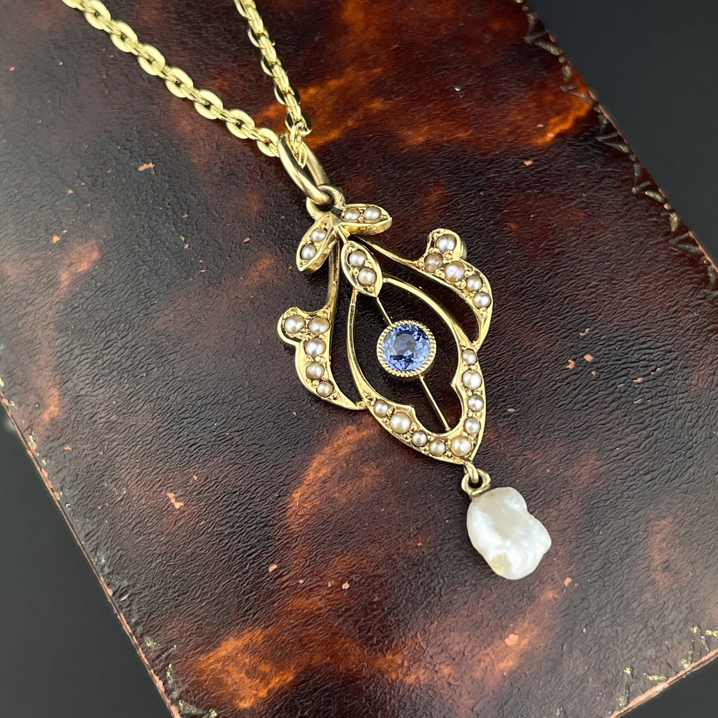 ON HOLD Art Nouveau 14K Gold Blue Sapphire Pearl Lavaliere Pendant Necklace