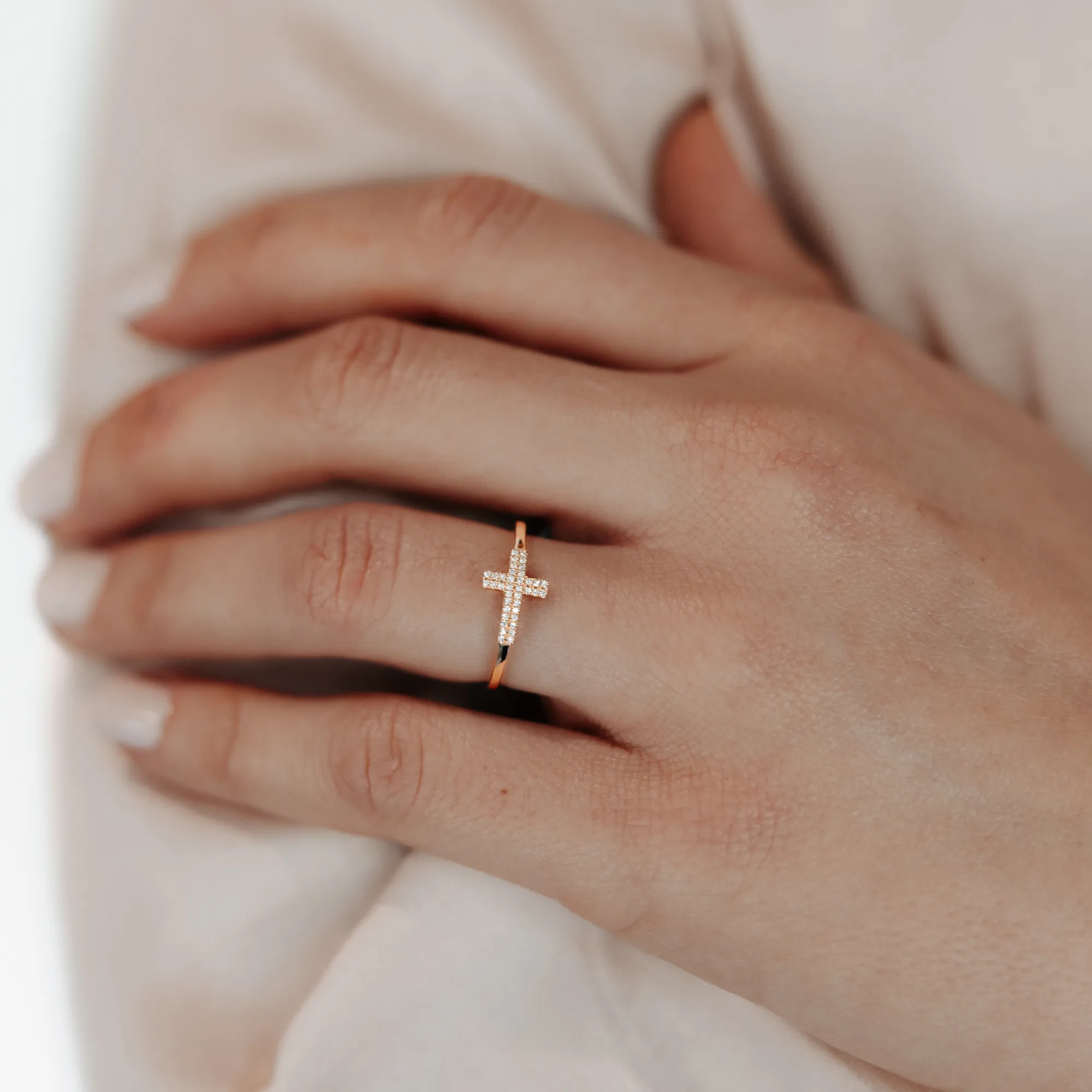 Pave Set East - West Diamond Cross Ring