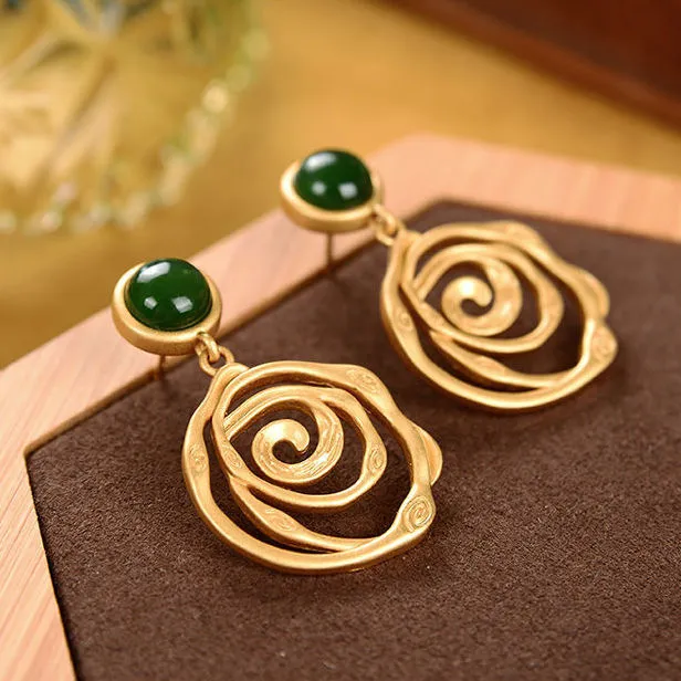 Petite Natural Hetian Inlaid Green Jade Spiral Earrings