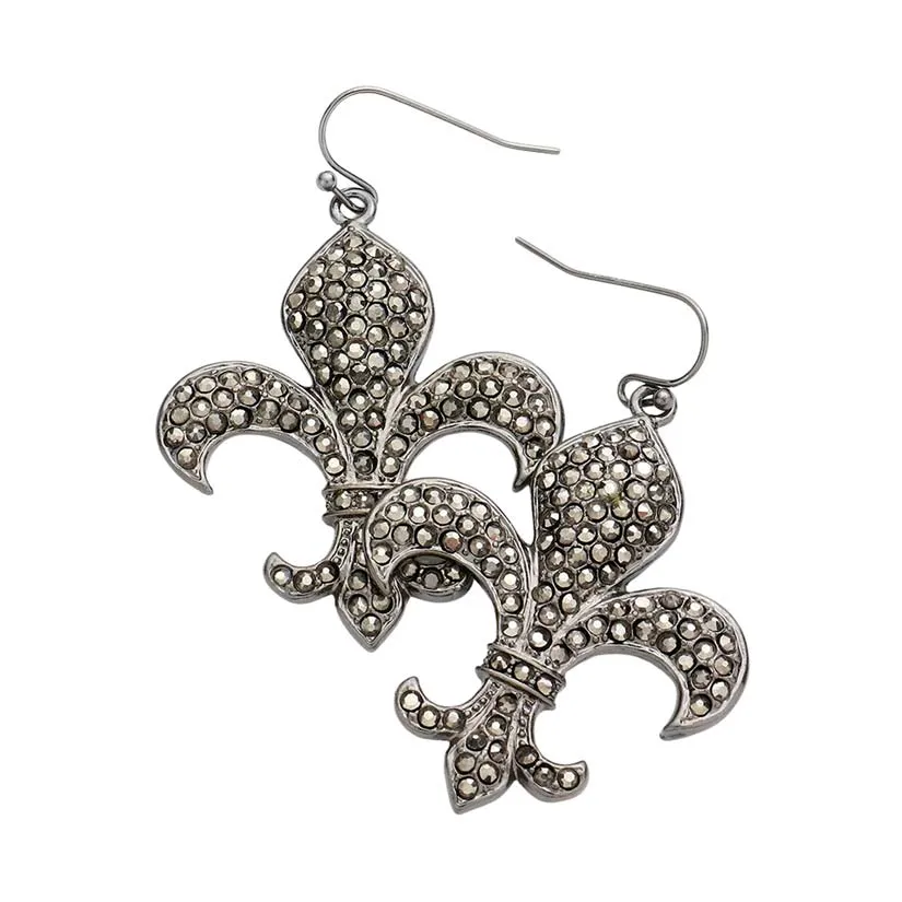 Rhinestone Embellished Metal Fleur de Lis Earrings mardi Gras