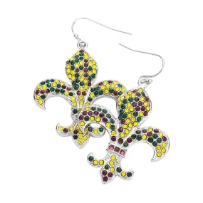 Rhinestone Embellished Metal Fleur de Lis Earrings mardi Gras