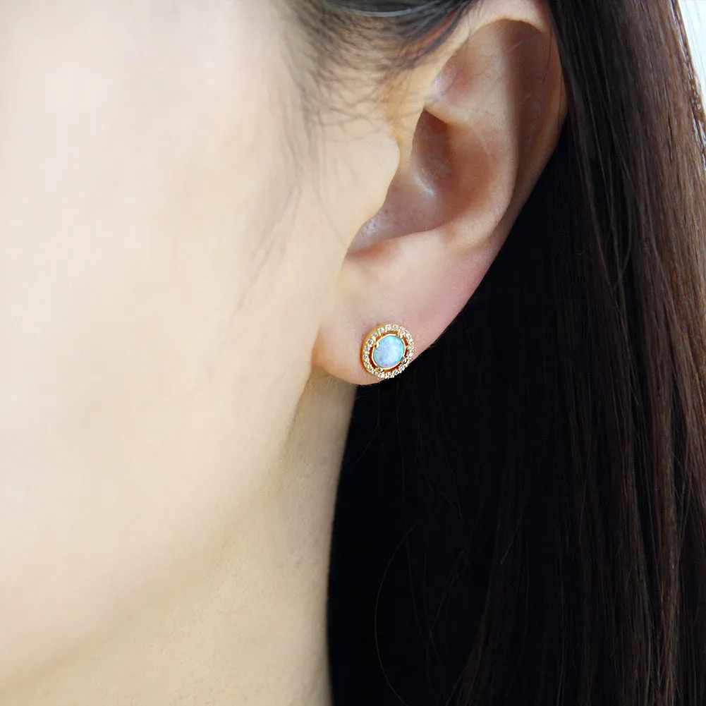 Round Created Opal and CZ Earrings 14K Gold Plated