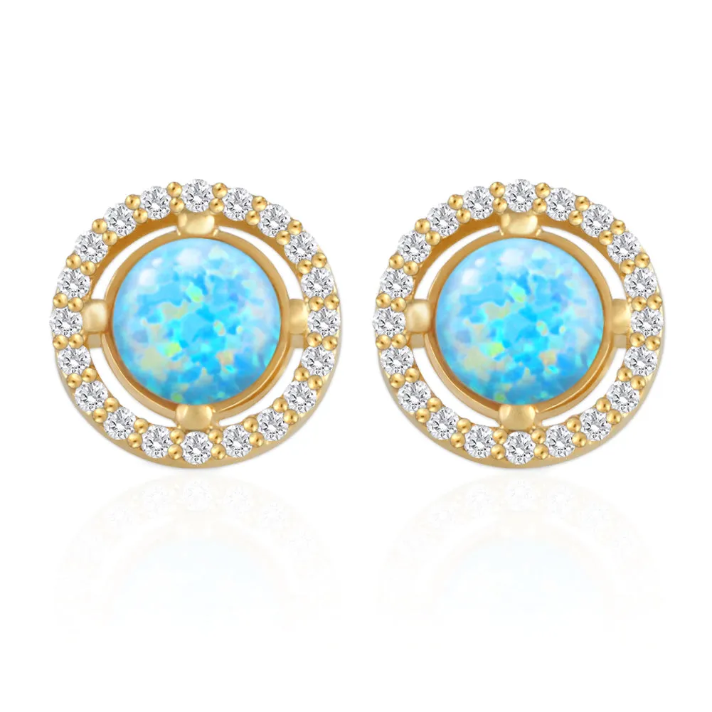 Round Created Opal and CZ Earrings 14K Gold Plated