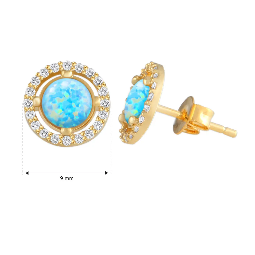 Round Created Opal and CZ Earrings 14K Gold Plated