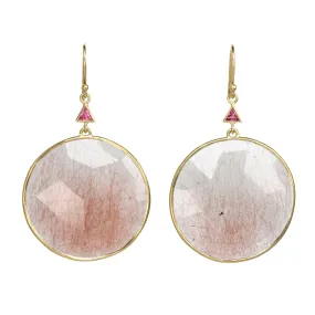 Round Rutilated Quartz Earrings with Triangular Pink Tourmalines