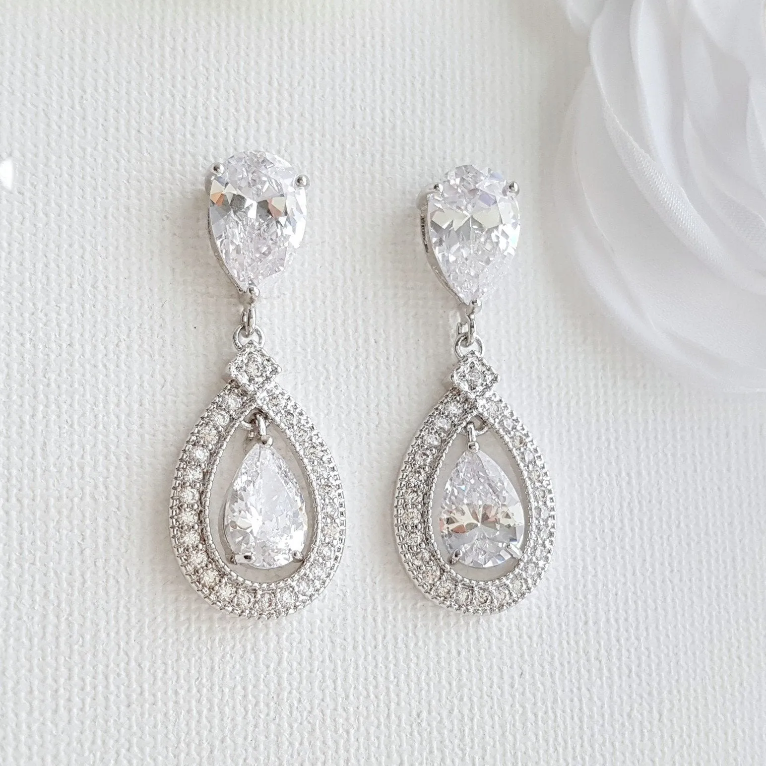 Silver Crystal Drop Bridal Earrings- Sarah