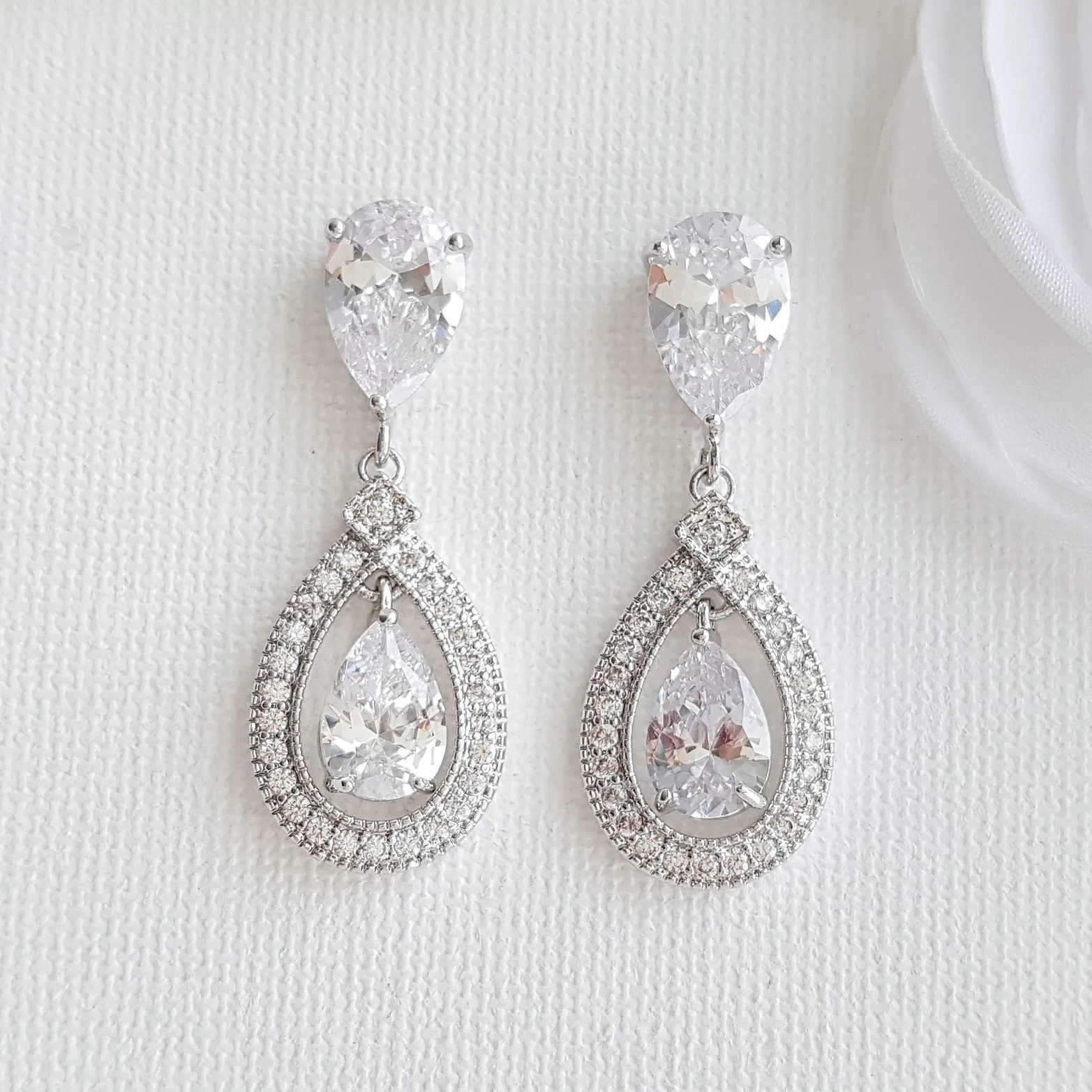 Silver Crystal Drop Bridal Earrings- Sarah