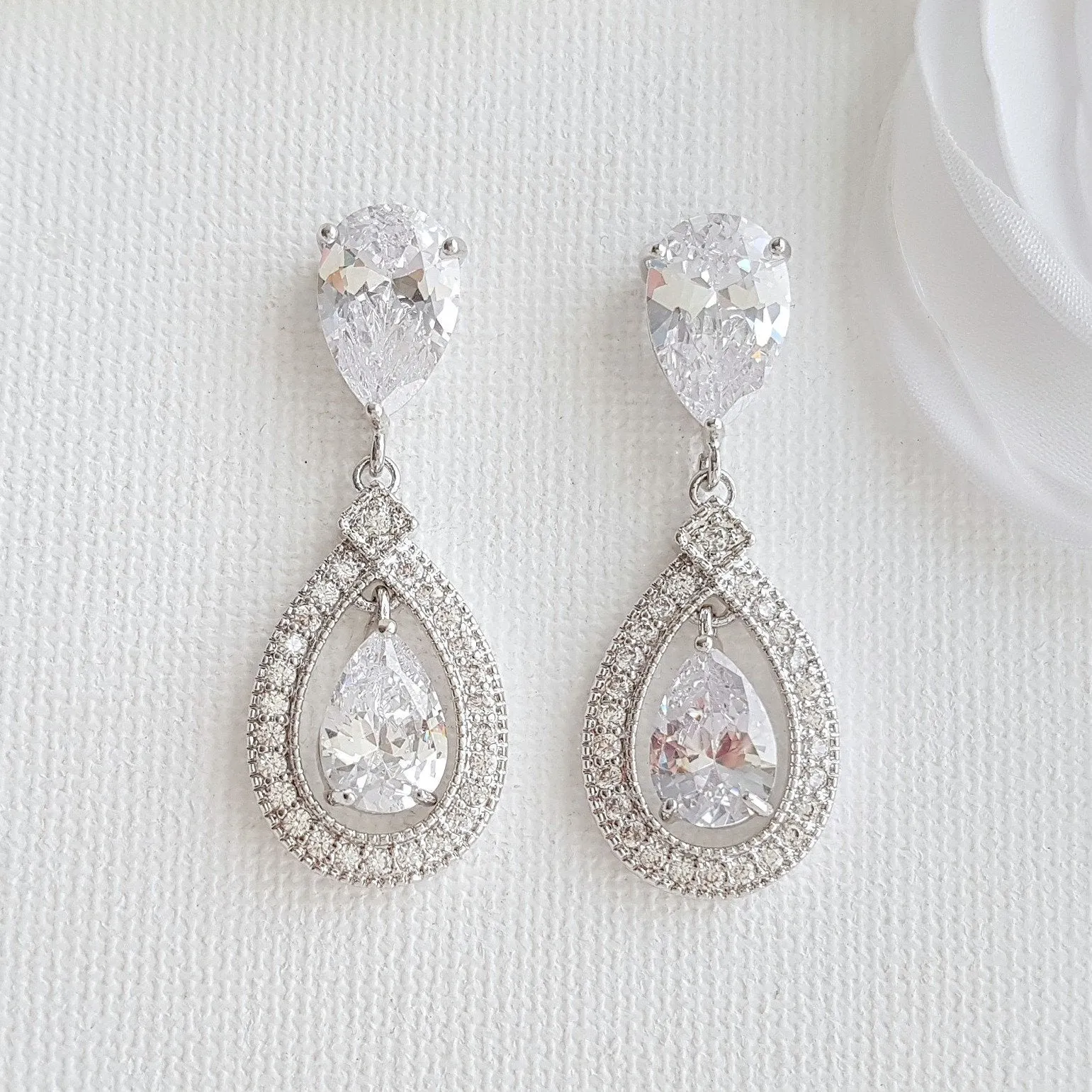 Silver Crystal Drop Bridal Earrings- Sarah