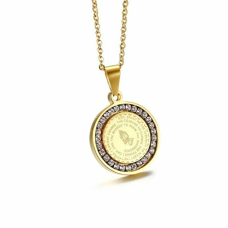 Small Reversible Lord's Prayer Round CZ Medallion Pendant Necklace