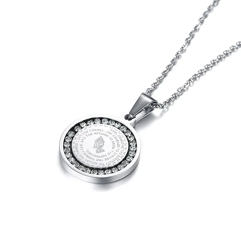 Small Reversible Lord's Prayer Round CZ Medallion Pendant Necklace