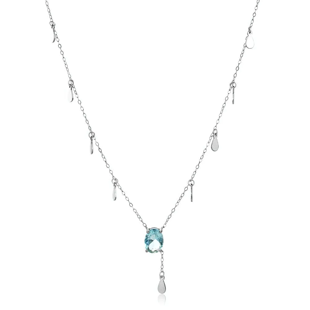 Spring Aquamarine Blue Oval Long Chain Necklace