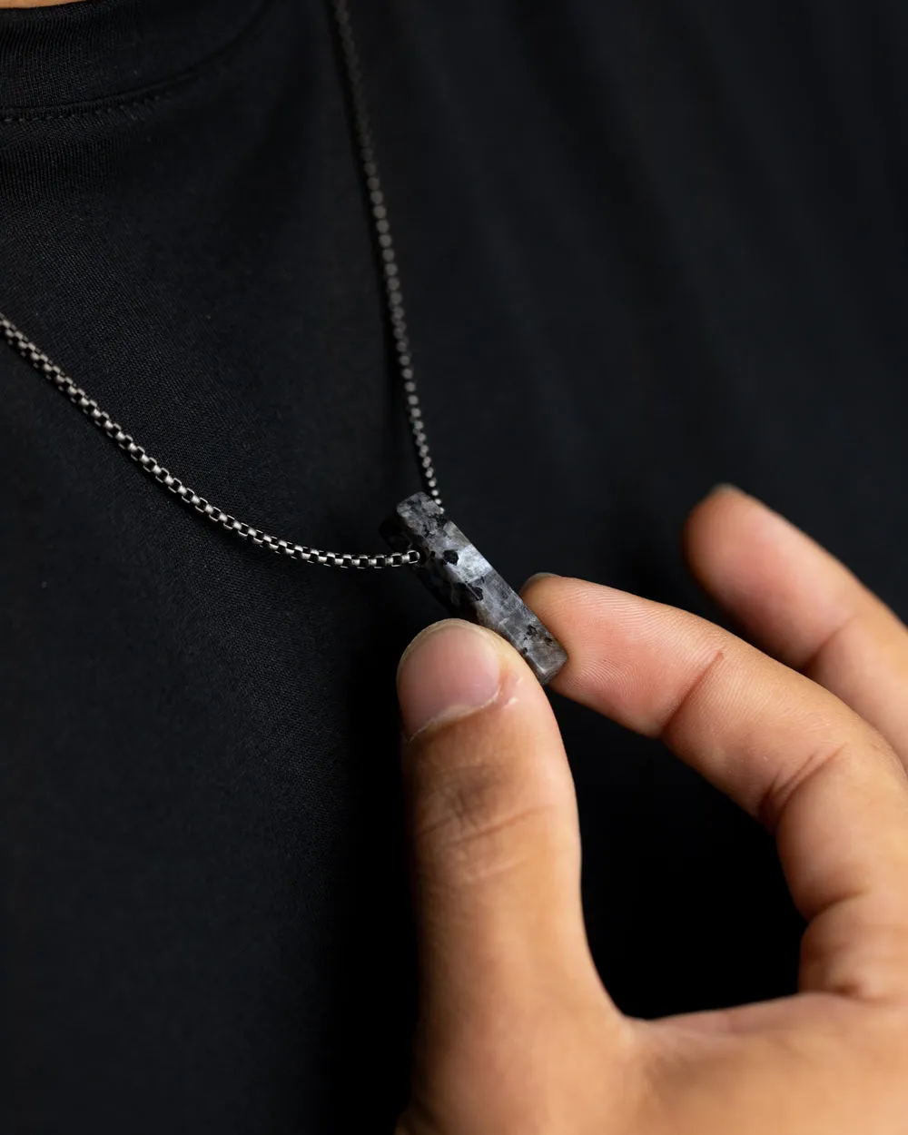 Stainless steel necklace with a Larvikite stone