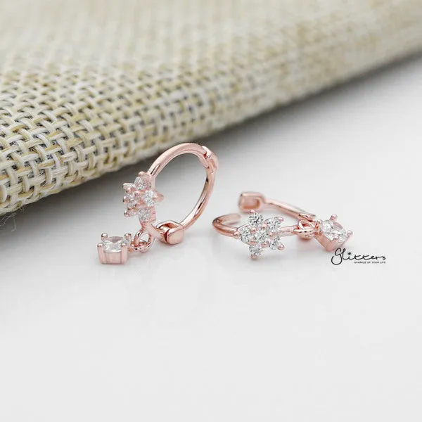 Sterling Silver C.Z Flower Hoop Earrings with Dangle Prong Set C.Z - Rose Gold