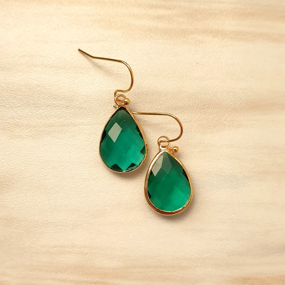 Teardrop Emerald Green Glass Single Drop Hook Earrings