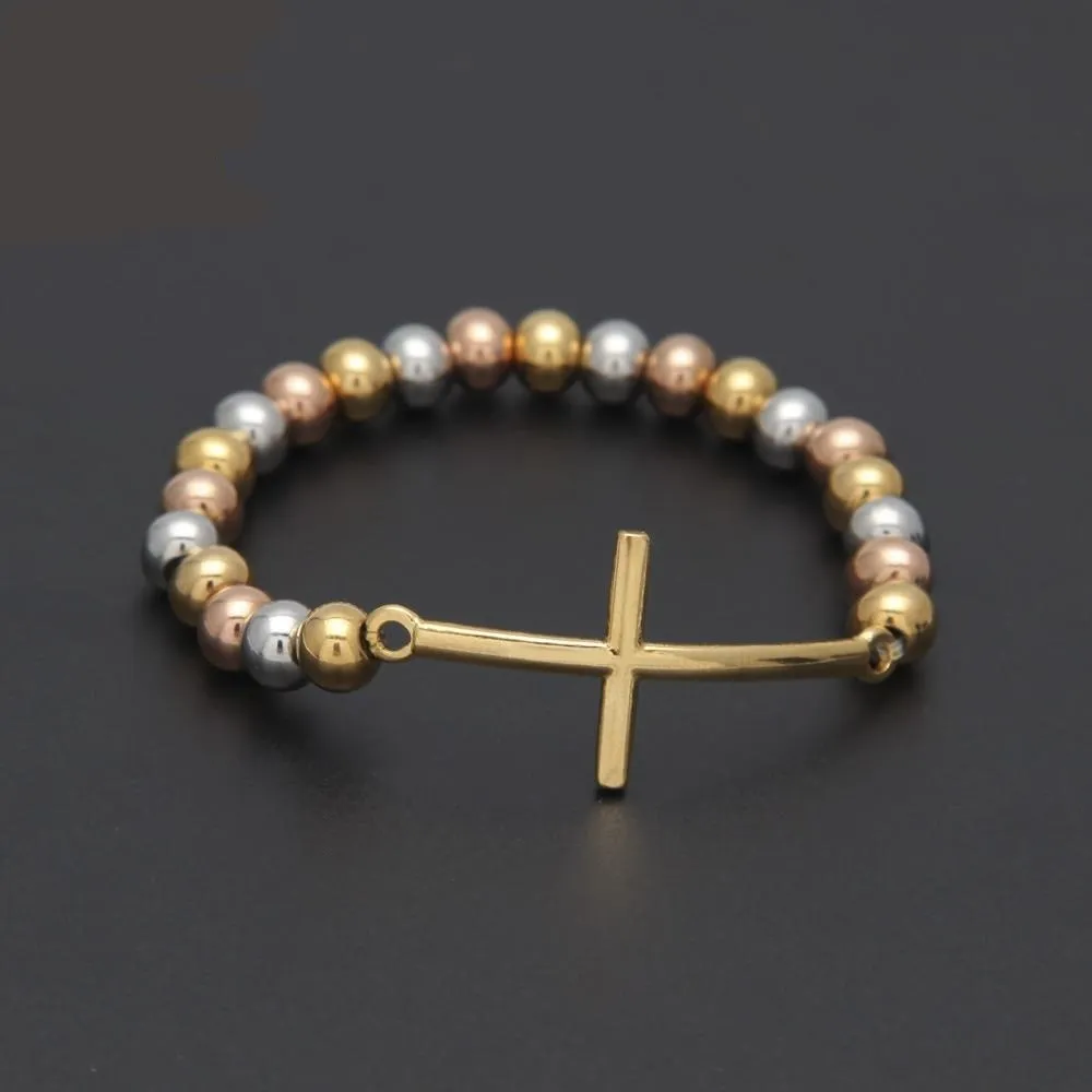 Tri-Color 8mm Stainless Steel Sideways Cross Religious Bracelet