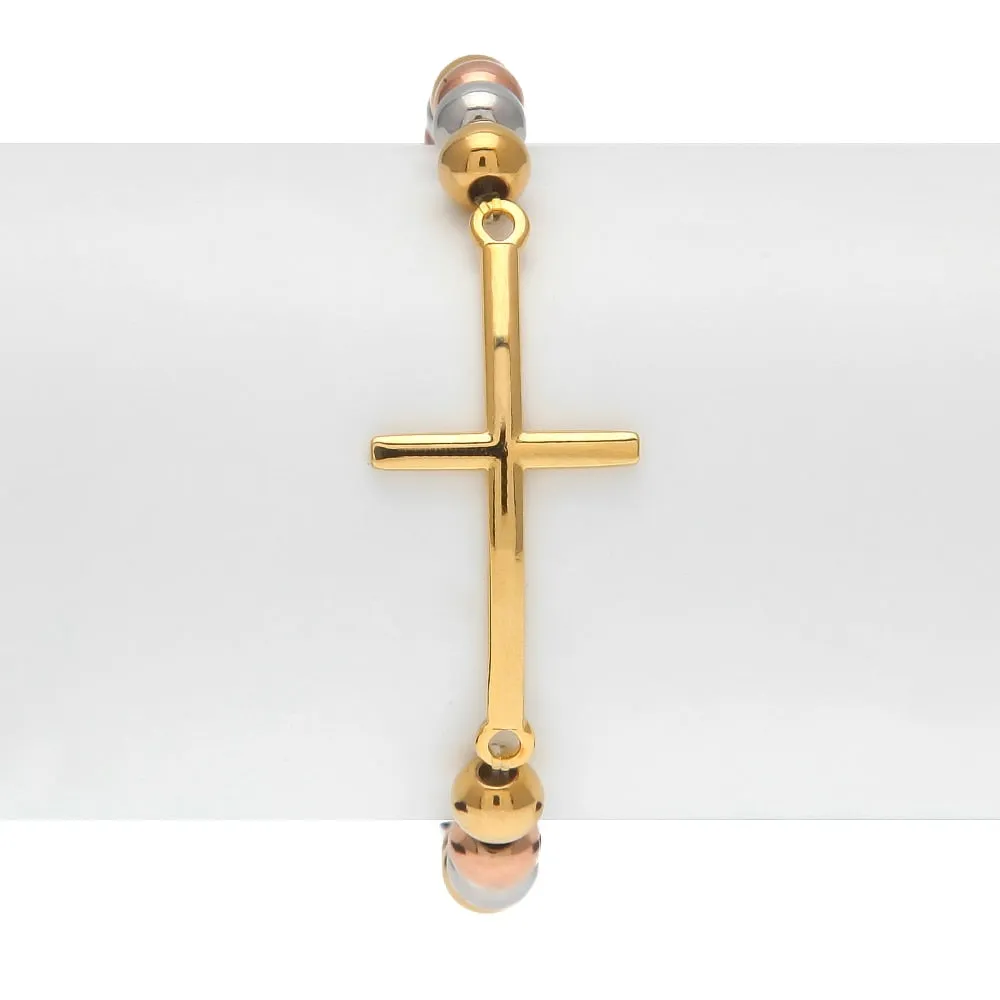 Tri-Color 8mm Stainless Steel Sideways Cross Religious Bracelet