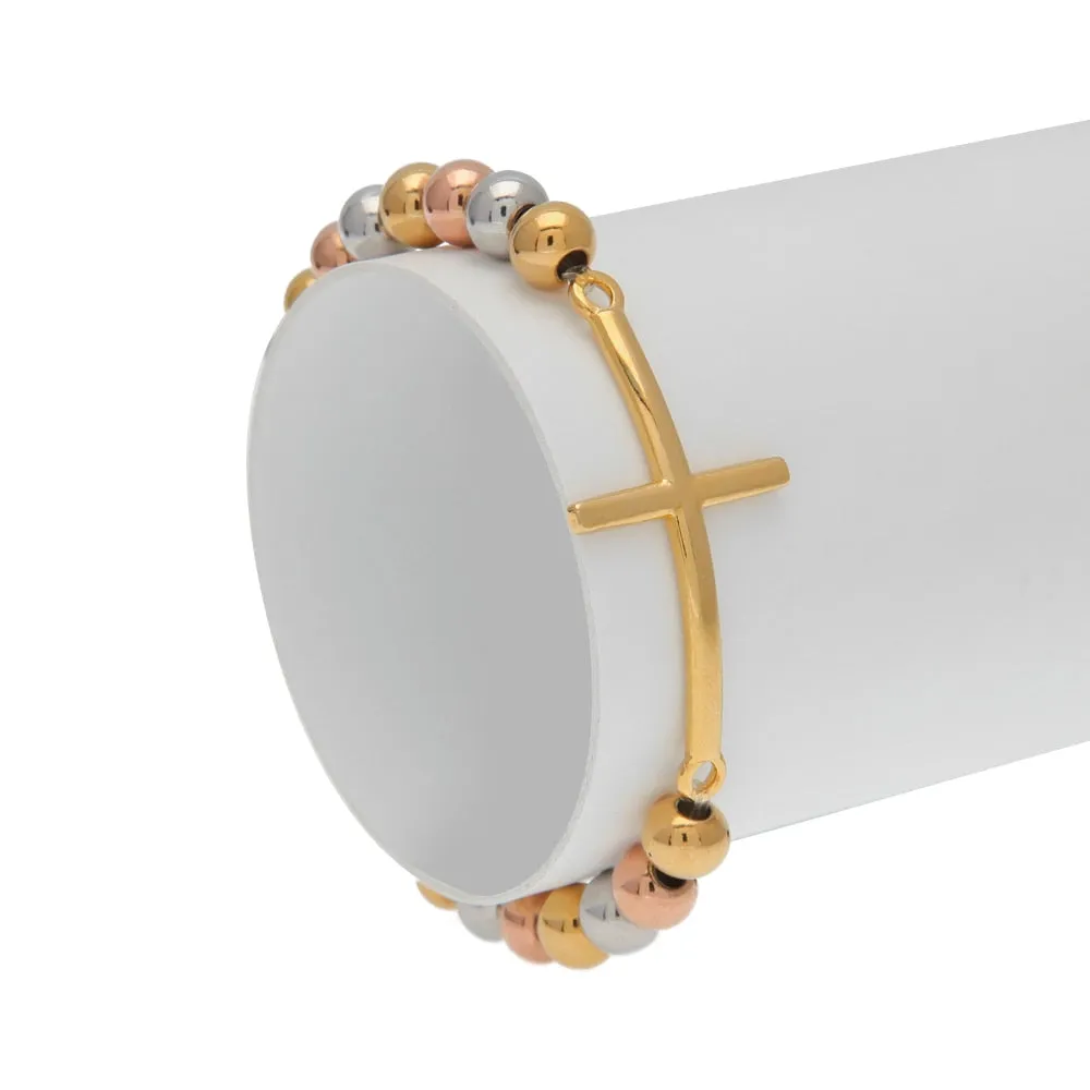 Tri-Color 8mm Stainless Steel Sideways Cross Religious Bracelet