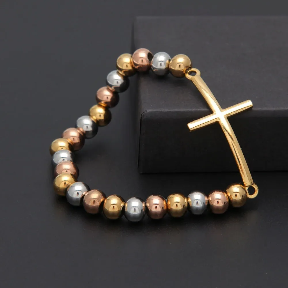 Tri-Color 8mm Stainless Steel Sideways Cross Religious Bracelet