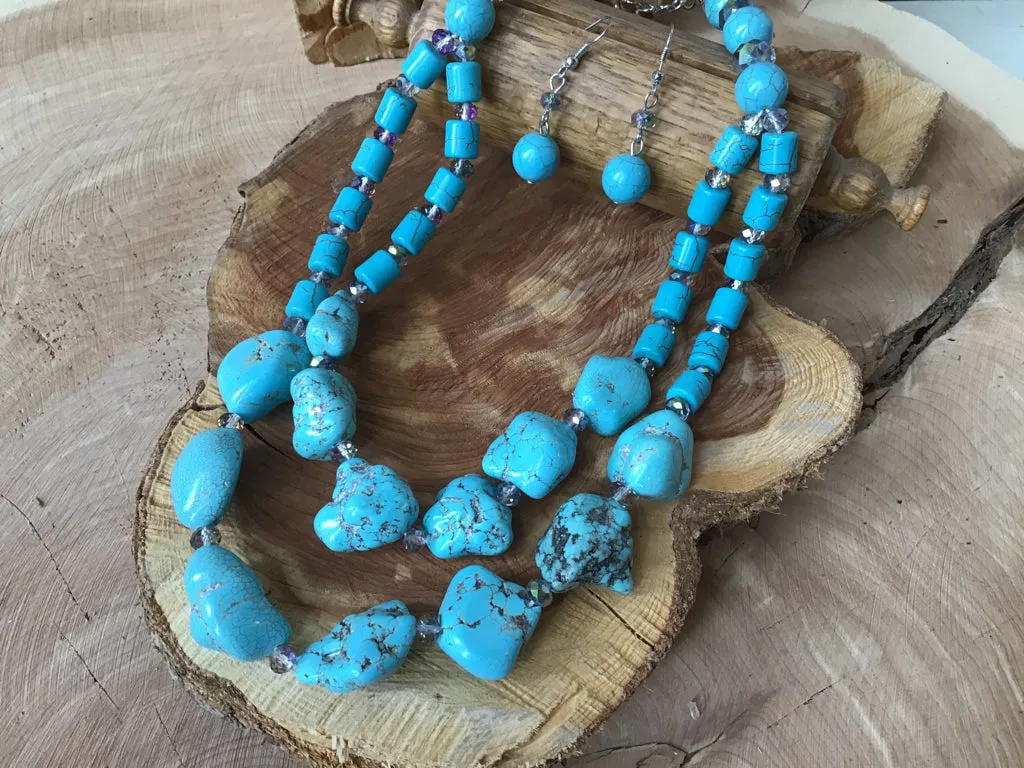 Turquoise Double Strand & Crystal Necklace