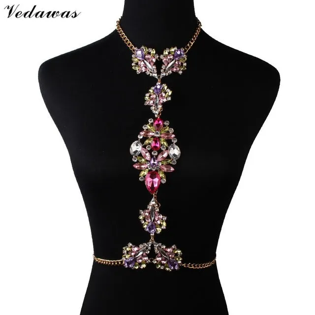 Vedawas Bohomian Fashion Jewelry Multicolor Crystal Choker Maxi Necklace Bracelets Body Statement Chain Necklace For Women 2178