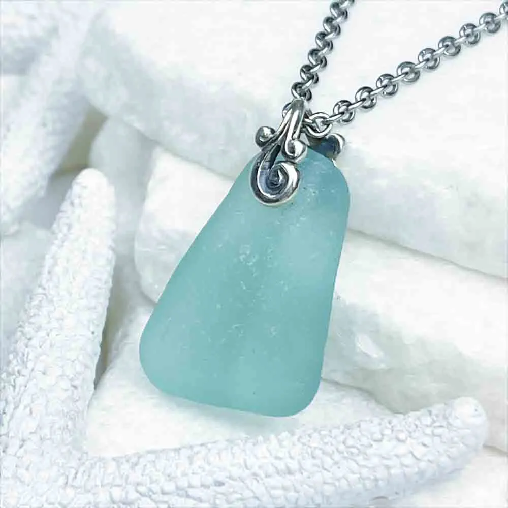 Vintage Aqua Sea Glass Sterling Silver Pendant | #5185