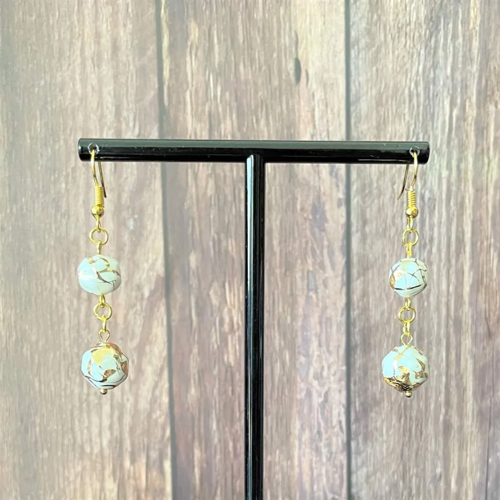 White and Gold Double Faceted Dangle Earrings