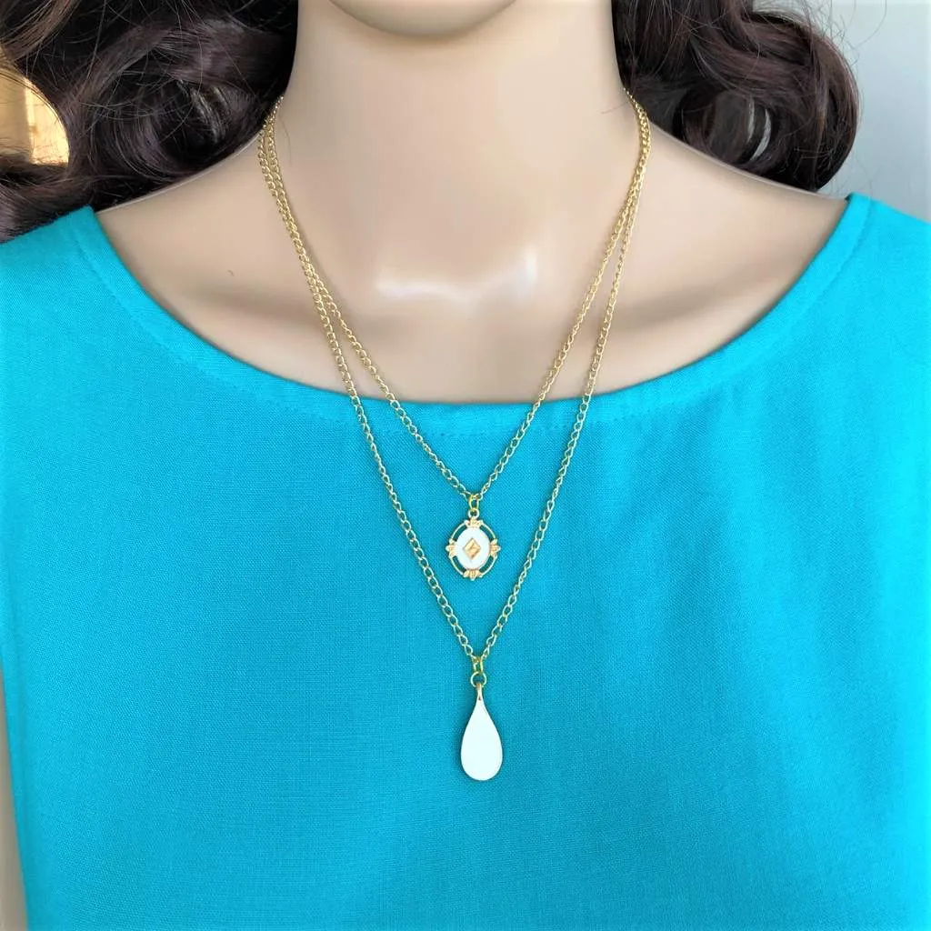 White Teardrop Layered Gold Chain Necklace