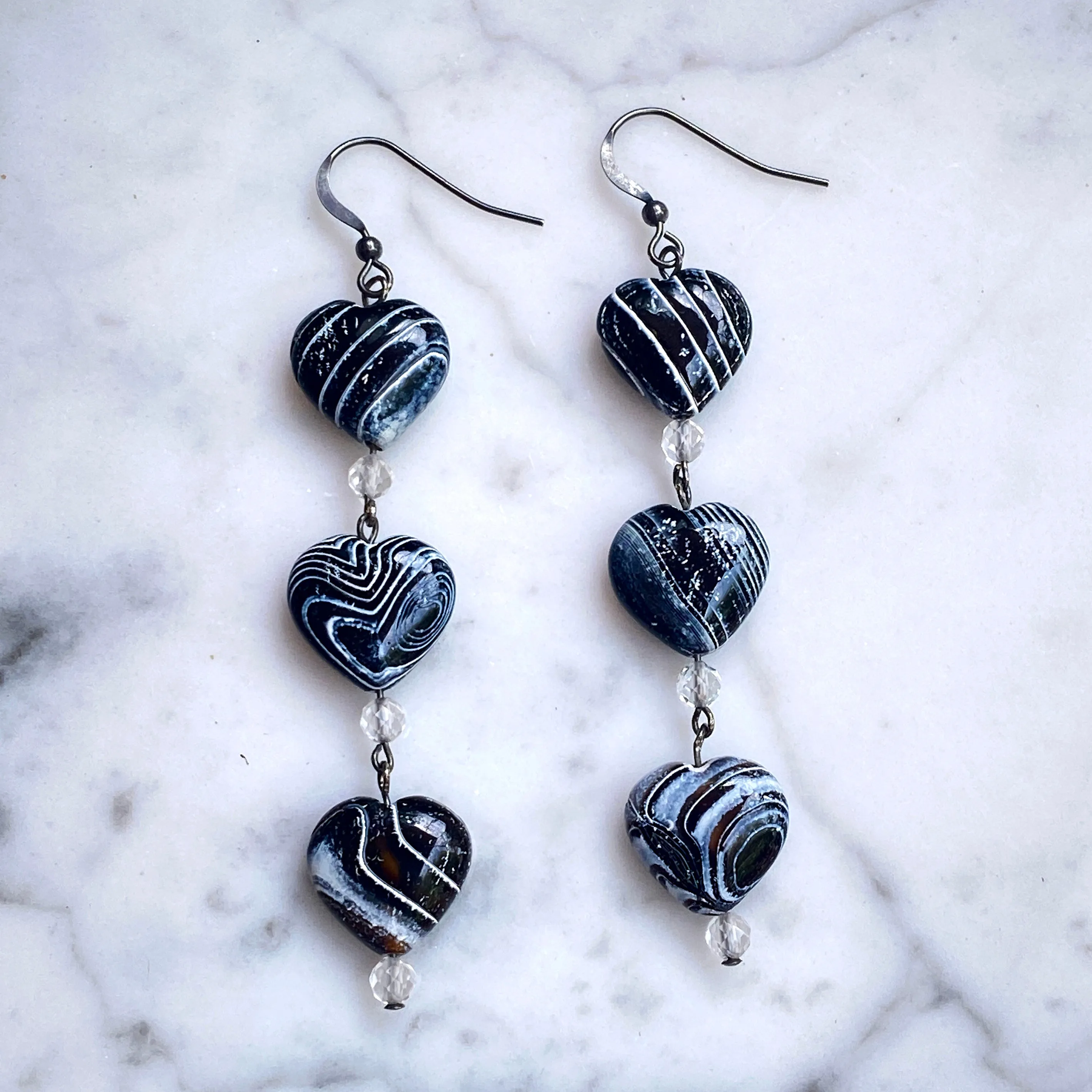 Zebra Fire Agate Heart, White Topaz Gemstones and Oxidized sterling earrings